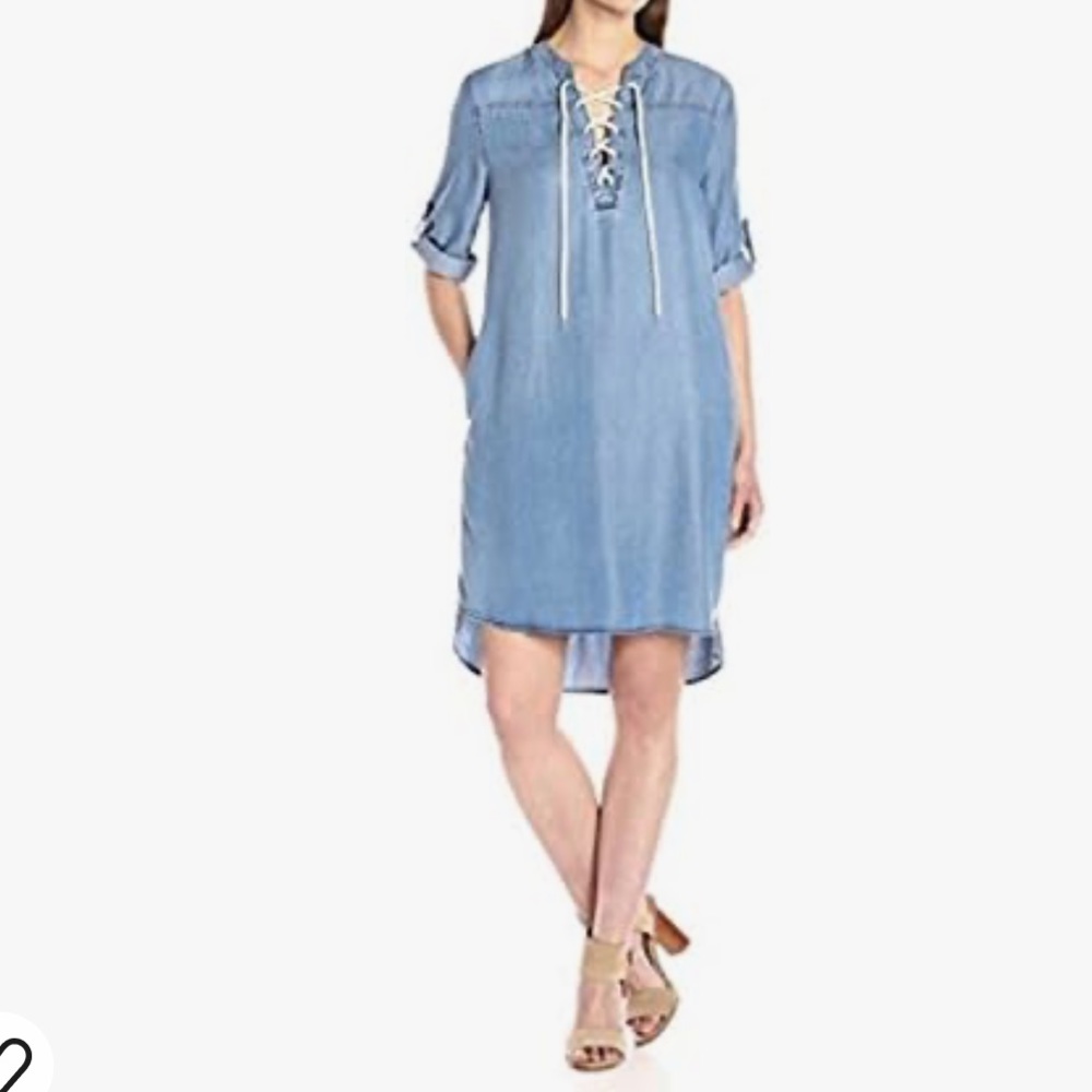 Nine West | Chambray lace up neckline roll up sleeves high low dress siz…
